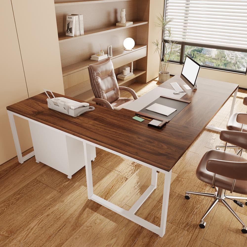 Tribesigns 70.8" Executive Desk with 55" File Cabinet, Industrial L Shaped Computer Desk, Large Executive Desk for Home Office, Walnut & White