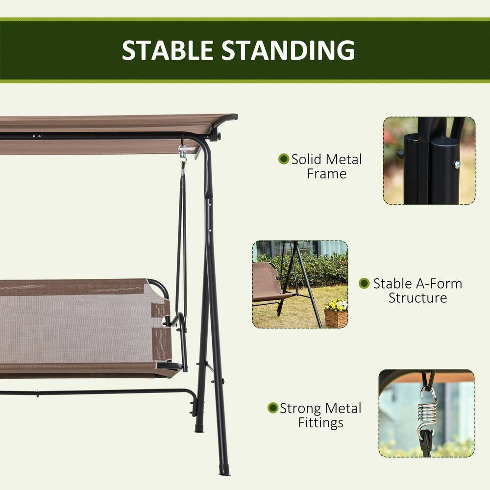 Outsunny Patio Swing Chair with Canopy, Seats 2 Adults Loveseat Bench with Canopy, Armrests, A-Frame Steel, Breathable Mesh, Brown