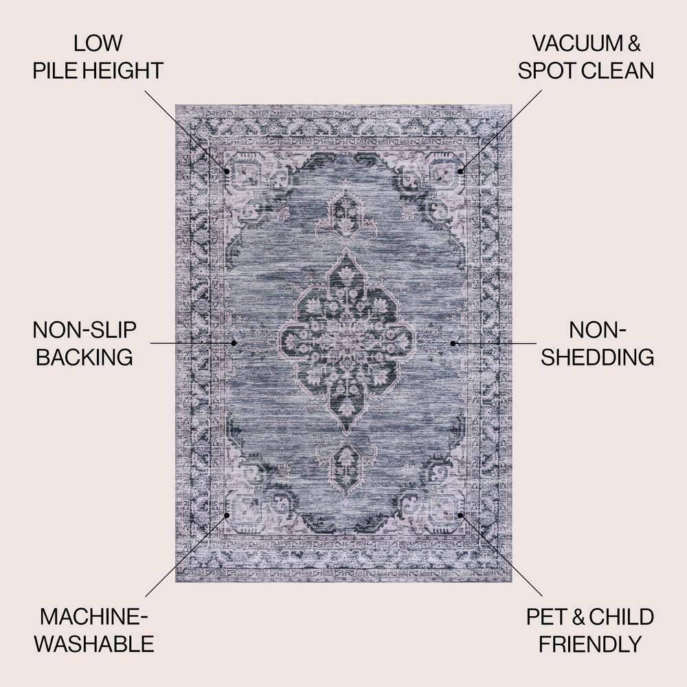 Wincer Chenille Cottage Medallion Machine-Washable Navy/Gray/Black 3 ft. x 5 ft. Area Rug - JONATHAN Y