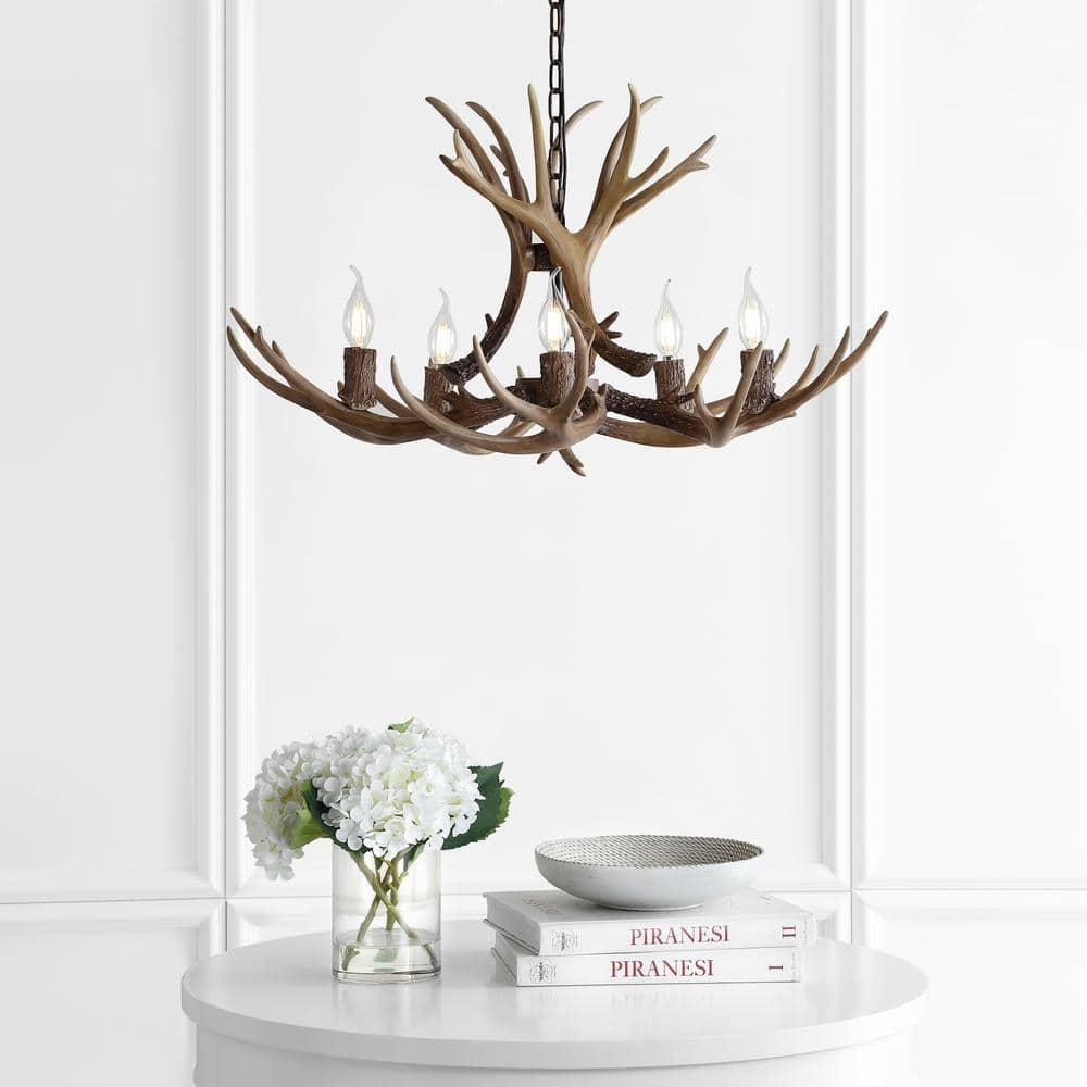 JONATHAN Y JYL6300A Eldora 30" Adjustable Resin Antler 5-Light LED Chandelier, Farmhouse, Rustic, Cottage, Transitional for living room, dinning room, bedroom, office Bulb Included, Brown