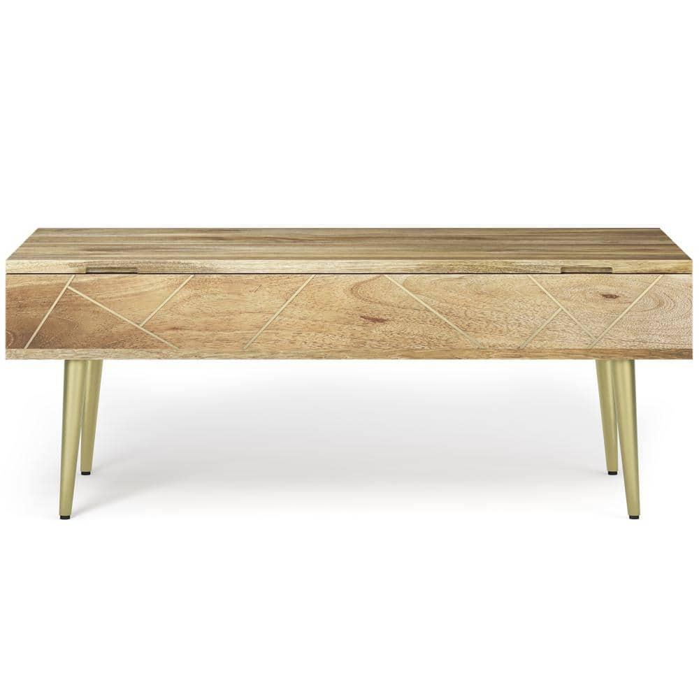 Simpli Home Jager 48"W Solid Mango Wood Contemporary Modern Lift Top Coffee Table with Hidden Storage and Geometric Brass Inlay