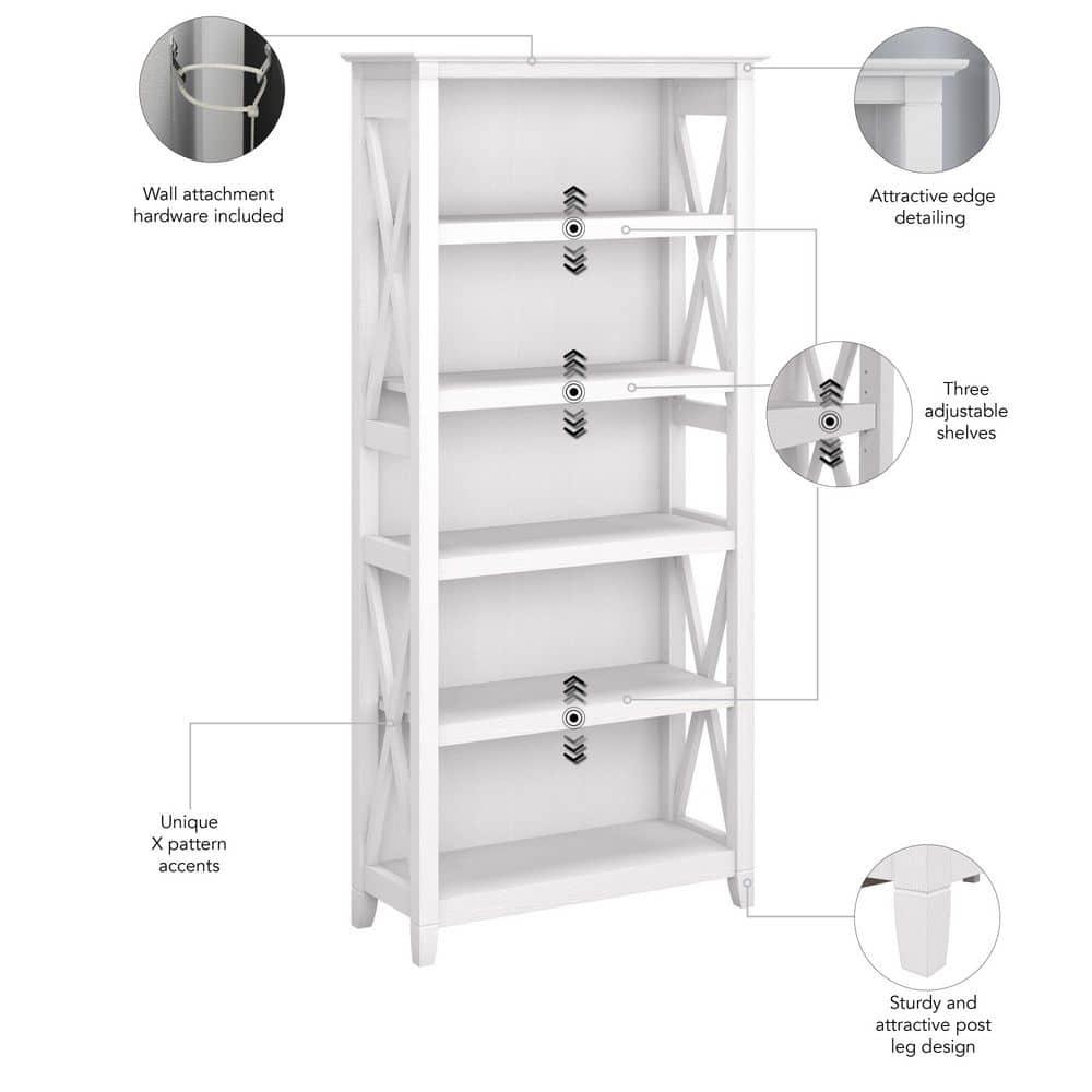 65.98" 5 Shelf Key West Bookshelf Pure White Oak - Bush Furniture: Wall Attachment, MDF Laminate