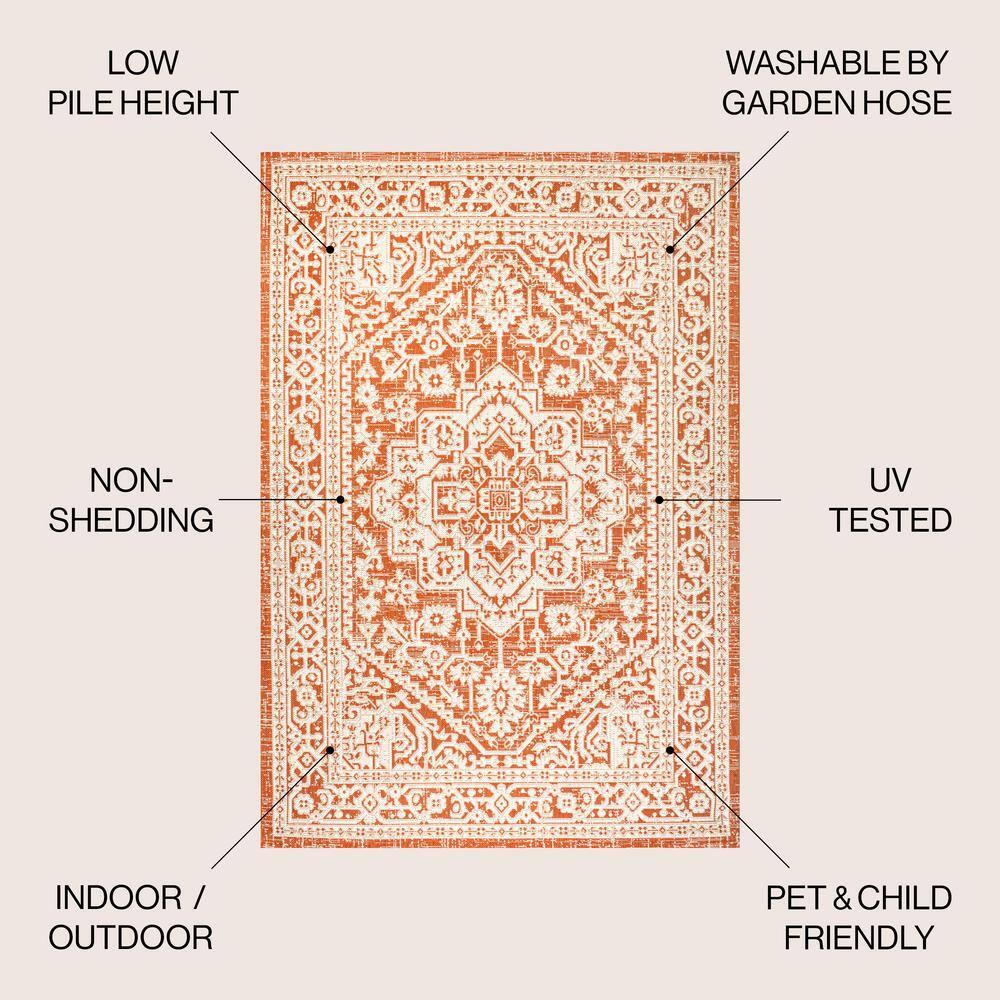 9' x 12' Sinjuri Medallion Textured Weave Indoor/Outdoor Area Rug, Orange/Cream - JONATHAN Y