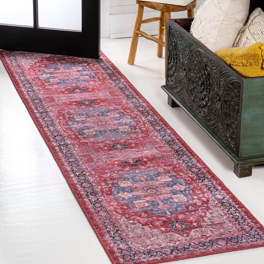 Maris Ornate Medallion Machine-Washable Red/Black/Blue 2 ft. x 8 ft. Runner Rug - JONATHAN Y
