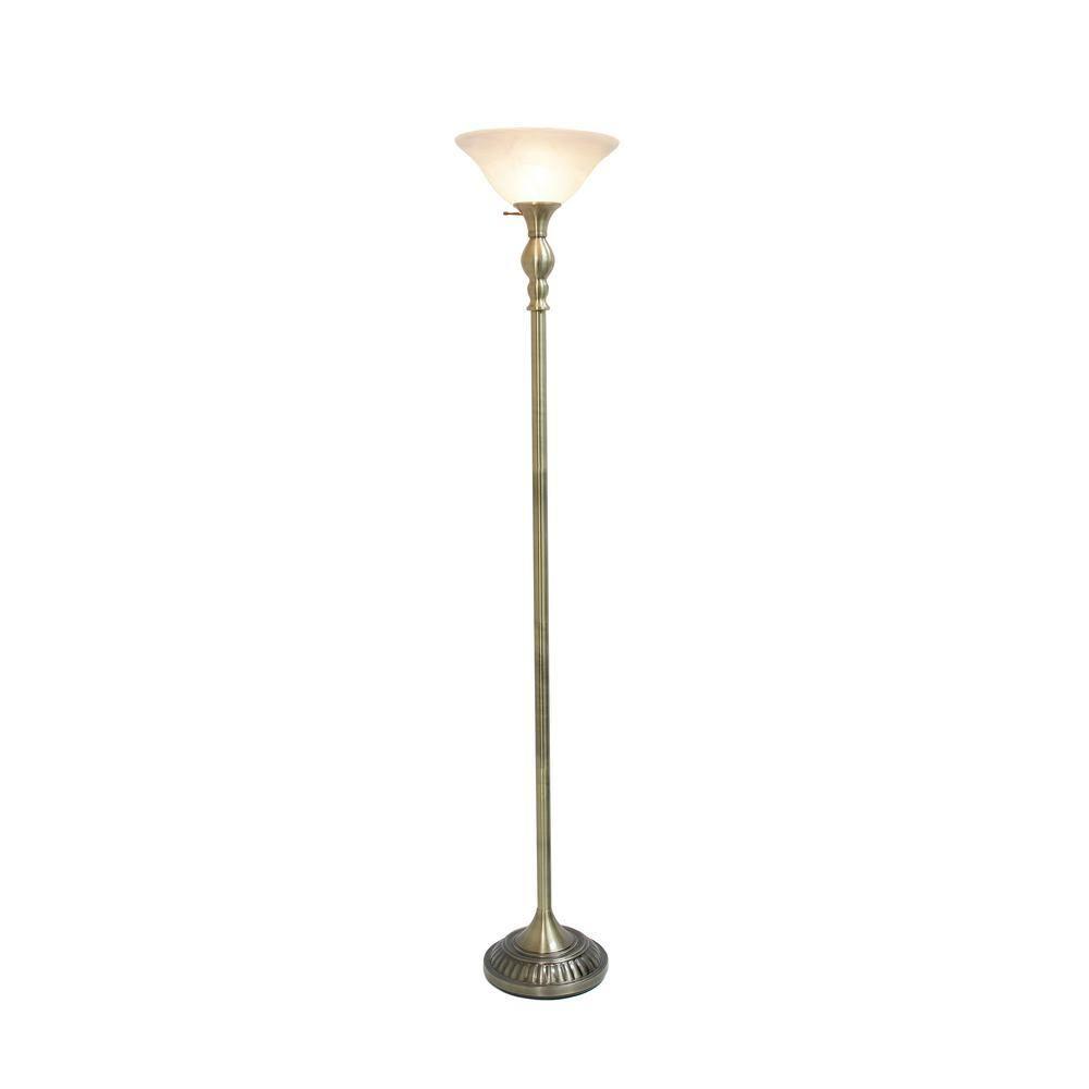 1-Light Classic Torchiere Floor Lamp with Marbleized Glass Shade Antique Brass - Lalia Home: UL Listed, Metal Base, Rotary Switch