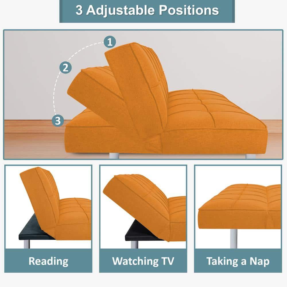 Modern Futon Sofa Bed - Compact Design for Small Spaces - Convertible Futon with Linen Fabric for Premium Comfort - Ideal Guest Couch - Stylish & Durable, Supports up to 750 lbs. - Tangerine