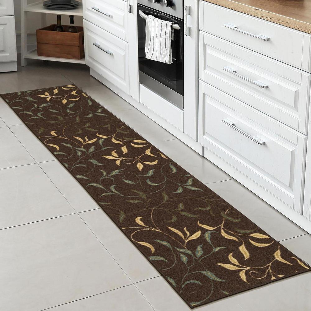 Ottohome Non-Slip Leaves Area Rug For Living Room, Hallway Runner, Entryway Rug, Brown