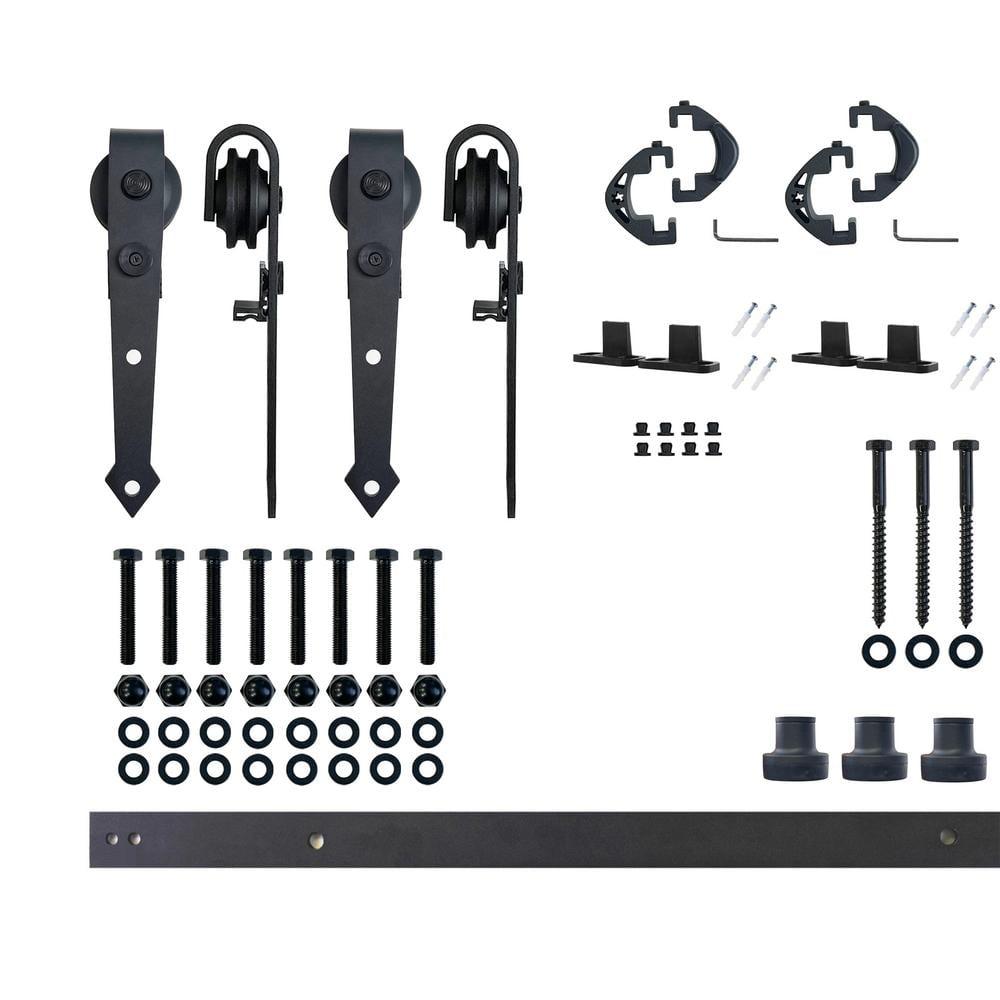 Homacer Black Rustic Sliding Barn Door Hardware Kit, for Two/Double Doors, 4.5ft Long Flat Track, Arrow Design Roller, Heavy Duty, for Interior & Exterior Use