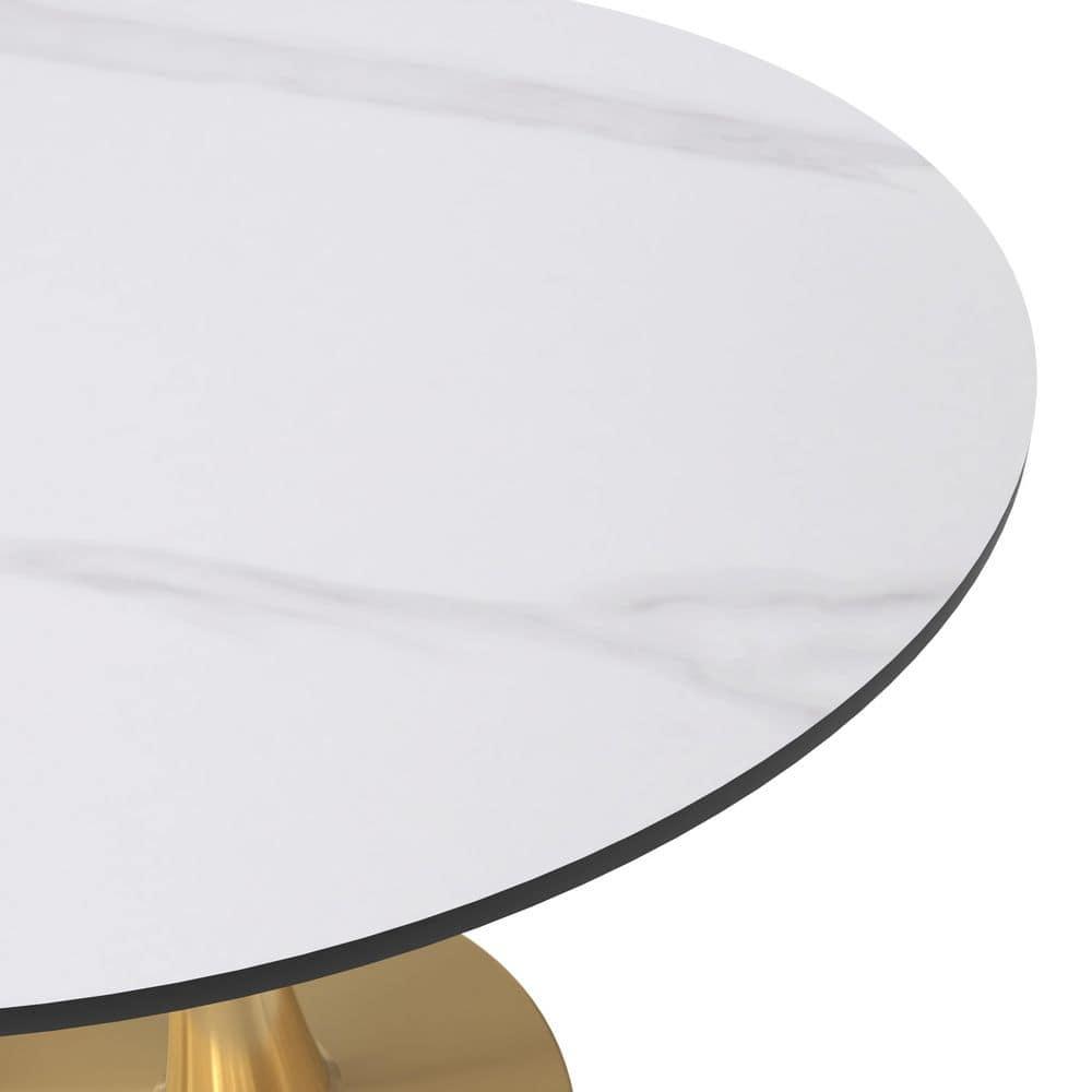 LeisureMod Bristol 35" Round Dining Table – Sintered Stone Top Accent Café Table & Sturdy Steel Gold Pedestal Base for Kitchen and Small Spaces