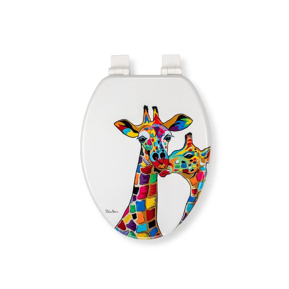Croydex Steven Brown Artwork 19in Round Wood Toilet Seat, Colorful Giraffes Design