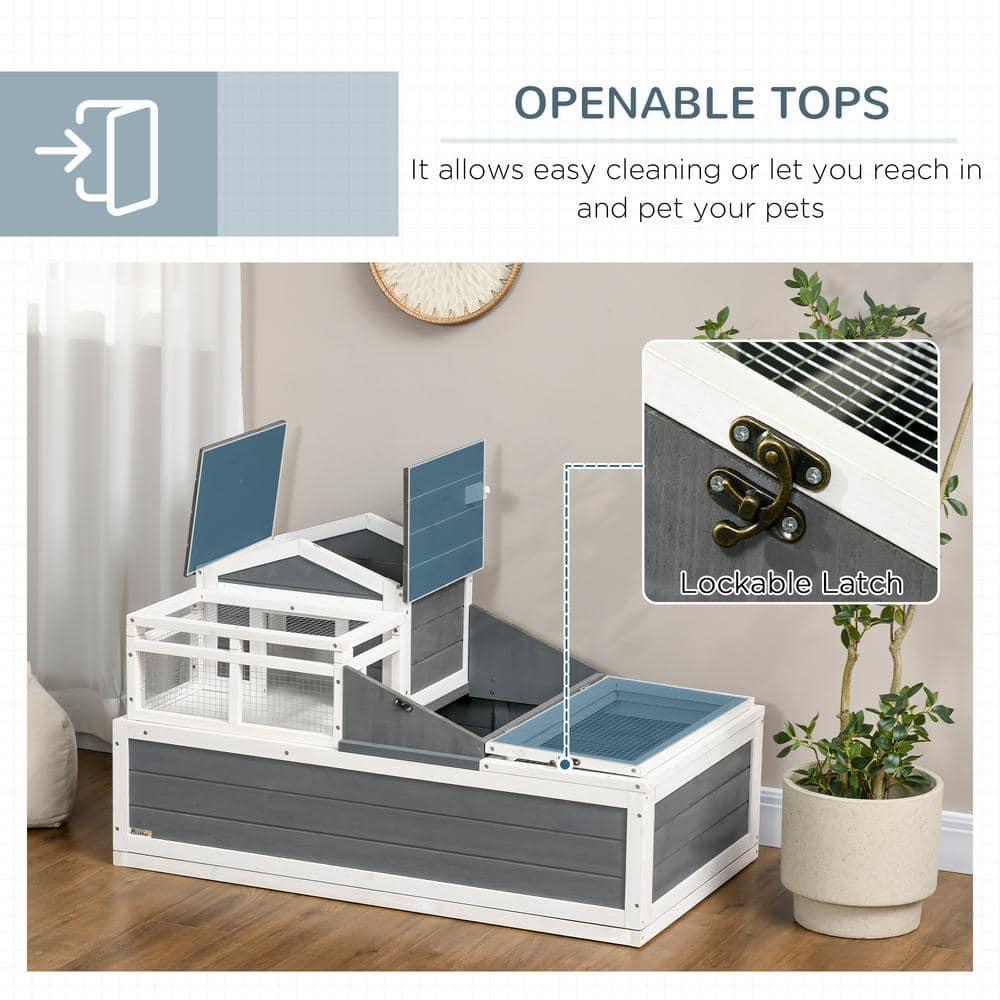 PawHut 3-Room Tortoise Habitat House w/ Balcony & 2 Stories, Wooden Indoor/Outdoor Tortoise Enclosure, Large Reptile Cage, 44" x 25.5" x 25", Gray