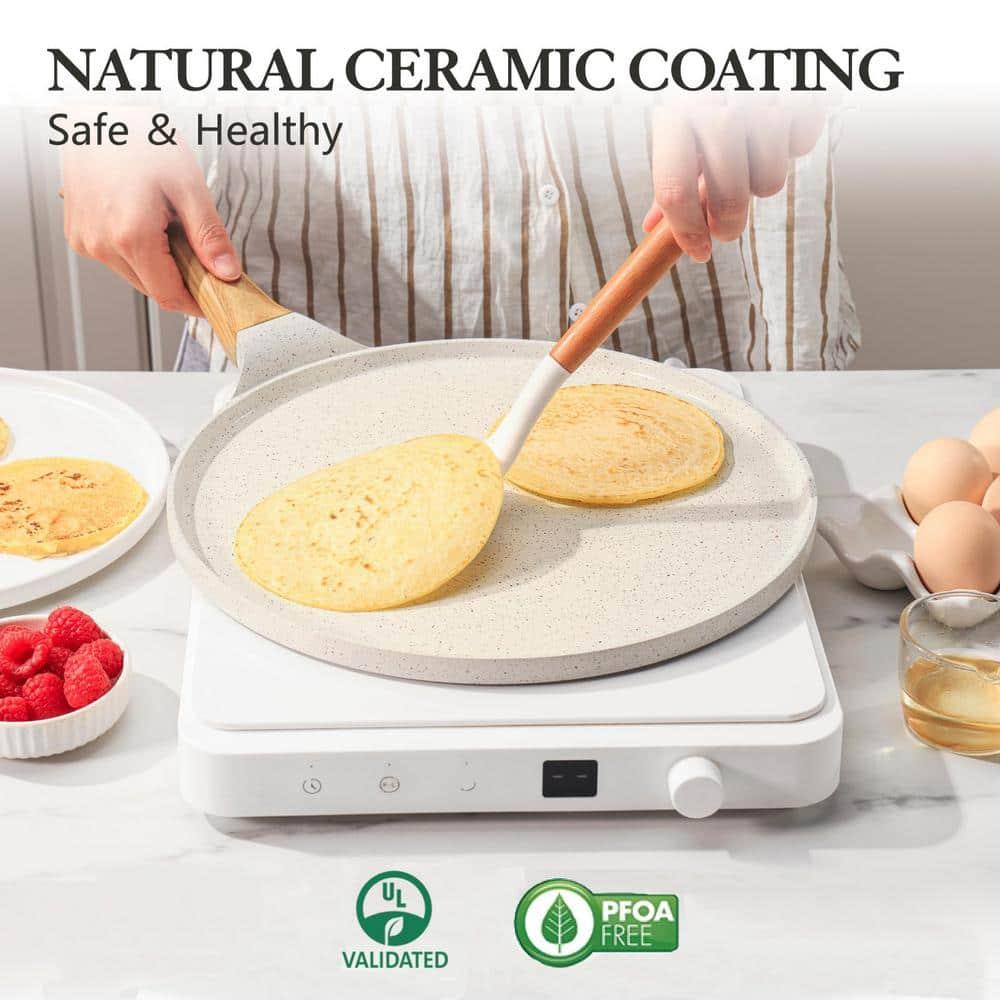 SENSARTE Nonstick Crepe Pan with Spreader, 10-Inch Natural Ceramic Coating Dosa Pan Pancake Flat Skillet Tawa Griddle with Stay-Cool Handle, Induction Compatible (White)