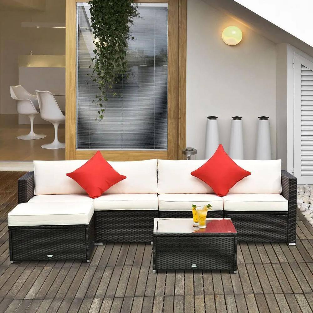 Outsunny 6 Pieces Outdoor PE Rattan Sofa Set, Sectional Conversation Wicker Patio Couch Furniture Set with Cushions and Coffee Table, White