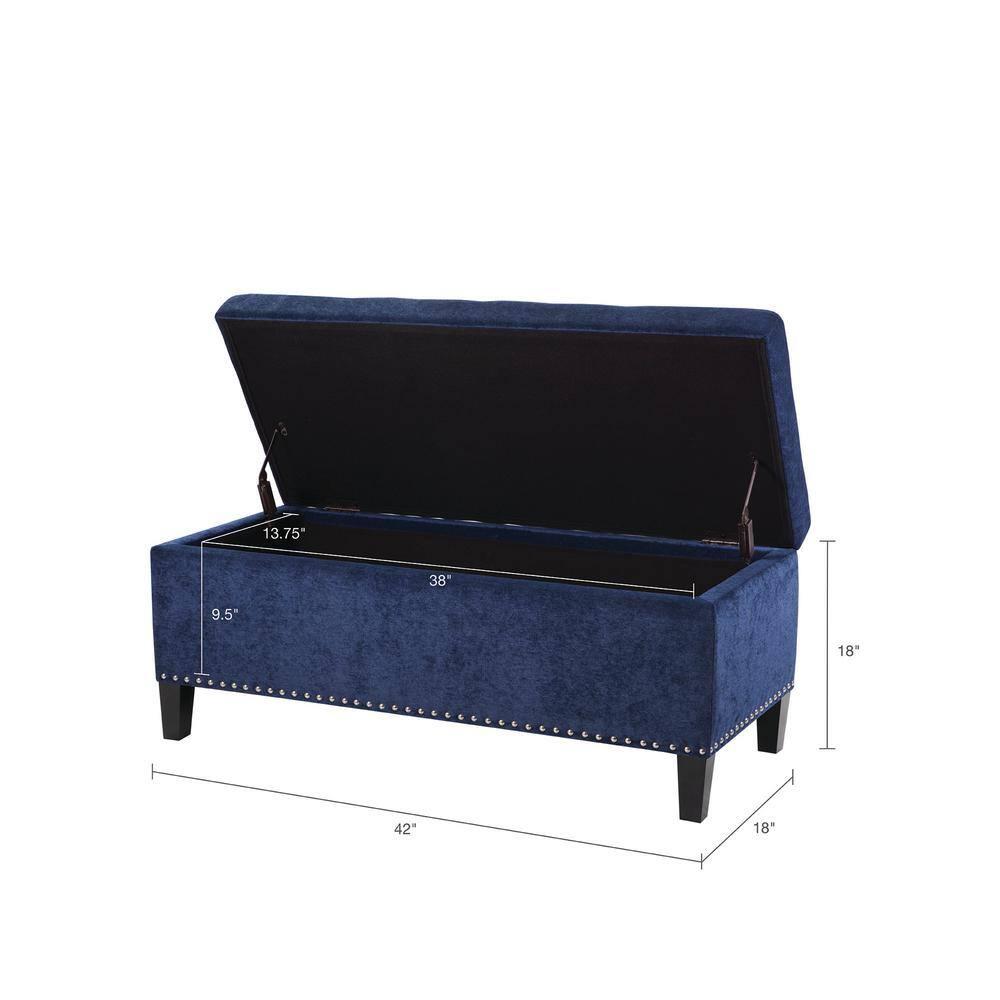 18" Shandra Bench Storage Ottoman with Tufted Top Blue - Home: Faux Leather, Rectangular, Wood Legs, Polyester Upholstered