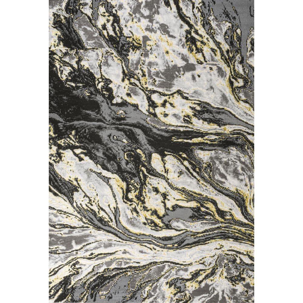 3'x5' Swirl Marbled Abstract, Black/Yellow - JONATHAN Y