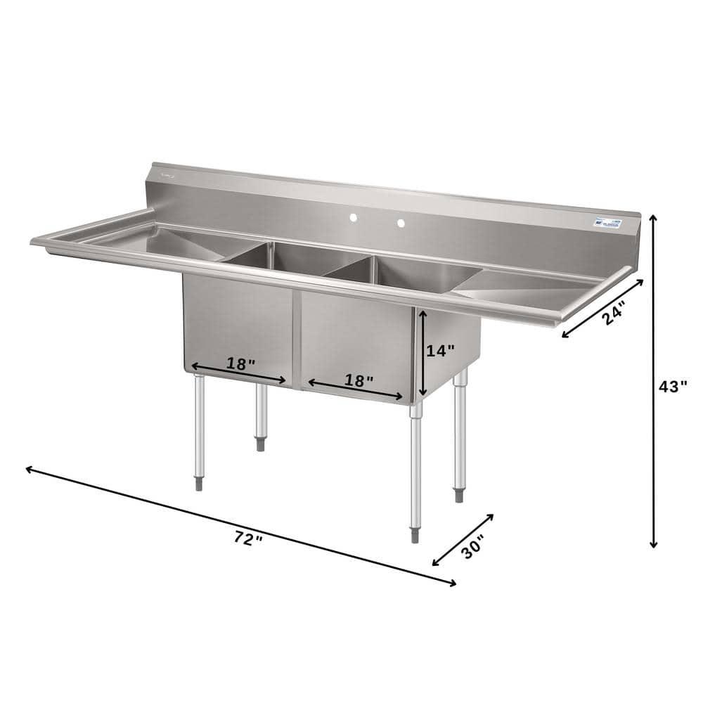 72 in. 16-Gauge Commercial Sink with Backsplash and Dual 18 in. Drainboards, Bowl Dimensions 18"x18"x14" in Stainless-Steel (KM-SB181814-18B316)