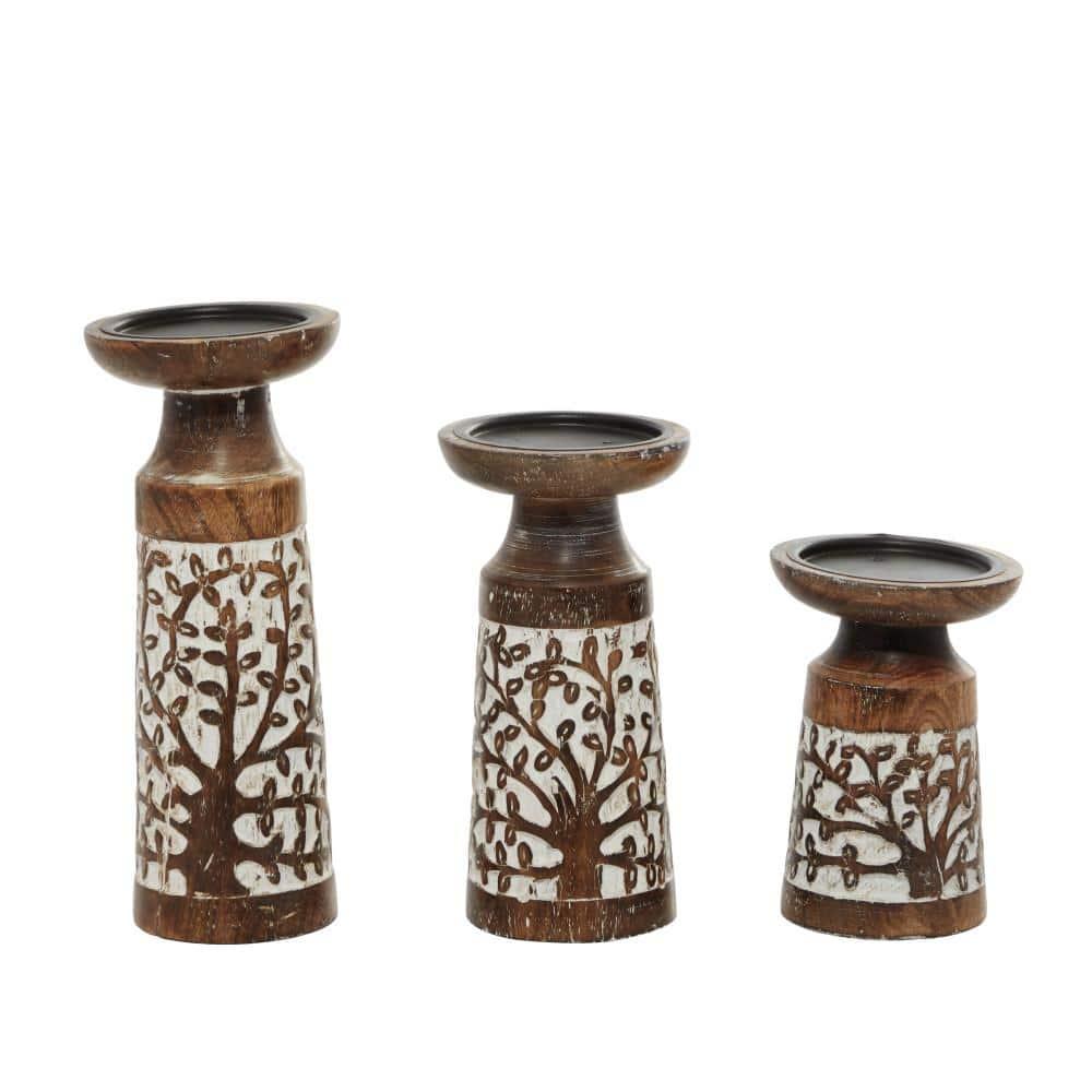 DecMode 3 Candle Brown Mango Wood Handmade Candle Holder, Set of 3