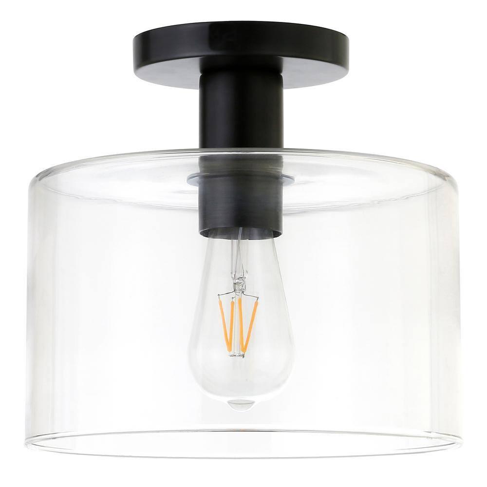 Evelyn&Zoe 10" Matte Black Metal/Glass Semi Flush Mount