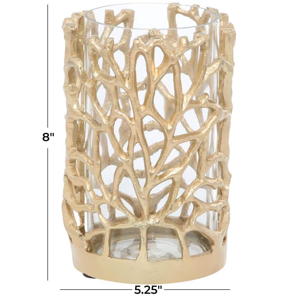 DecMode Gold Aluminum Metal Decorative Candle Lantern with Coral Pattern