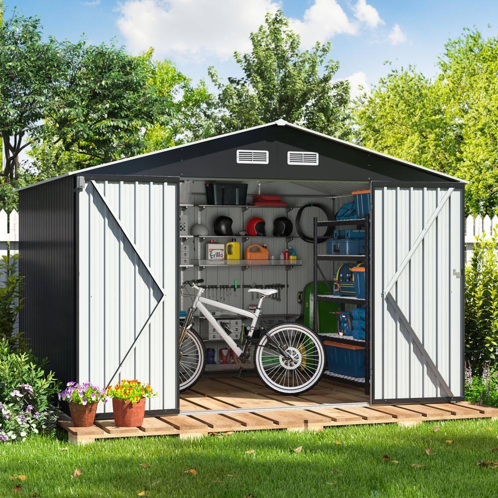 HOGYME 8' x 10' Large Outdoor Metal Storage Shed, Galvanized Steel Garden Tool Shed with Sliding Double Lockable Doors, 4 Vents for Backyard Patio Lawn, Carbon Black
