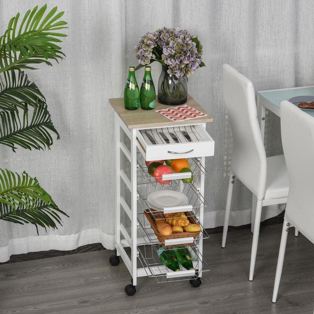 HOMCOM 32.25" Wooden Rolling Kitchen Storage Cart on 360° Swivel Wheels with Ample Storage Space & Solid Structure White