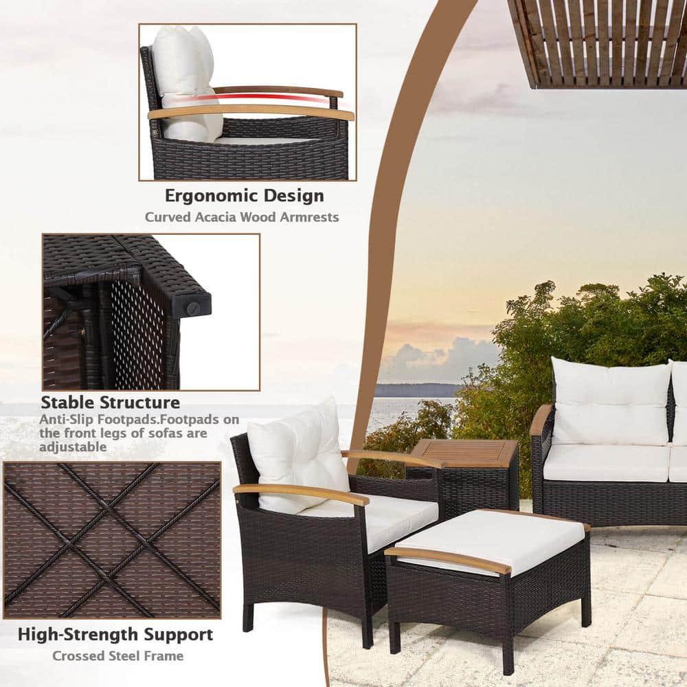Kadyn Outdoor Bistro Conversation Set,Patio Furniture Sets, 7 Piece Rattan Patio Sofa Set with Acacia Wood Tabletop and Armrests