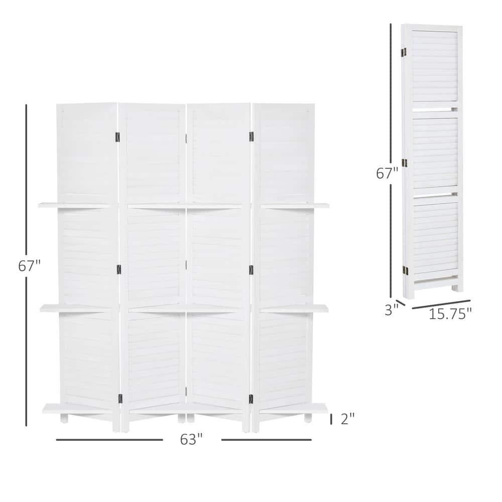 HOMCOM 4 Panel 67" Tall Wood Privacy Screen Room Divider with 3 Display Shelves, and Folding Storage for Bedroom or Home Office, White