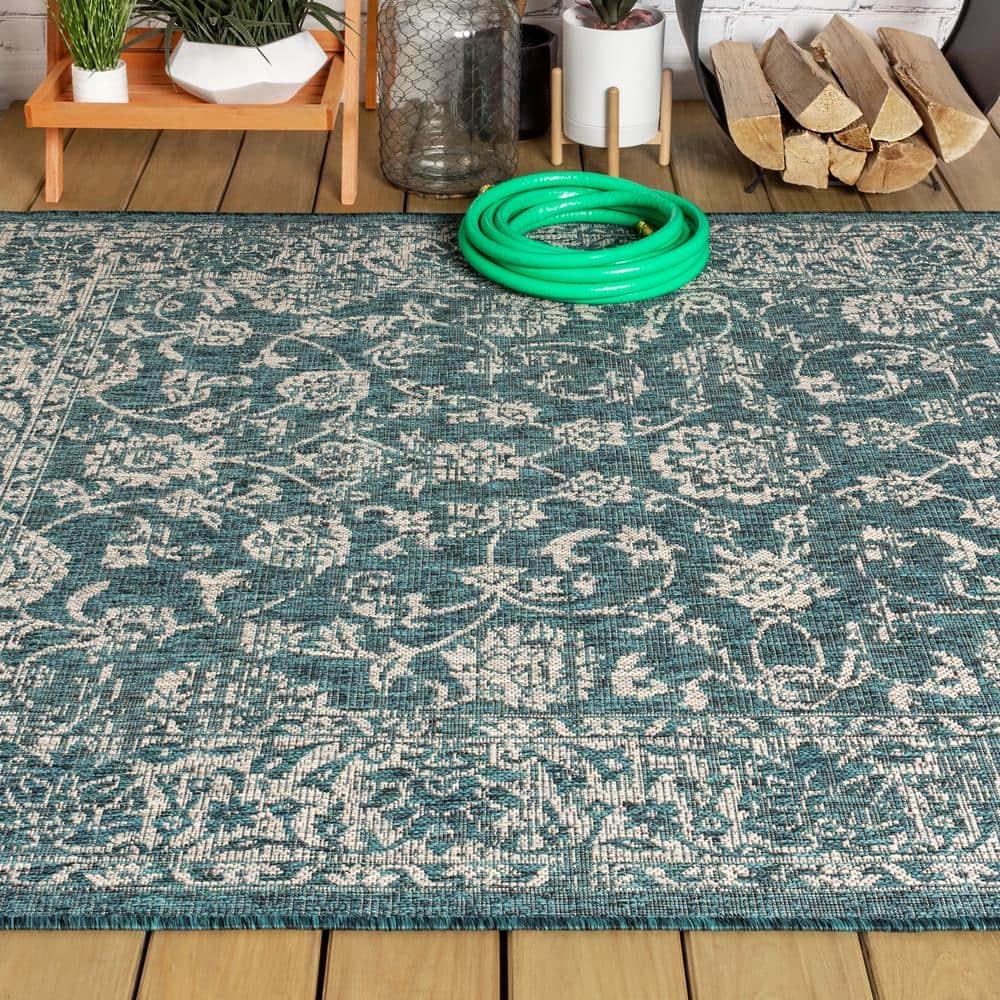 4'x6' Tela Bohemian Textured Weave Floral Indoor/Outdoor Area Rug, Teal/Gray - JONATHAN Y