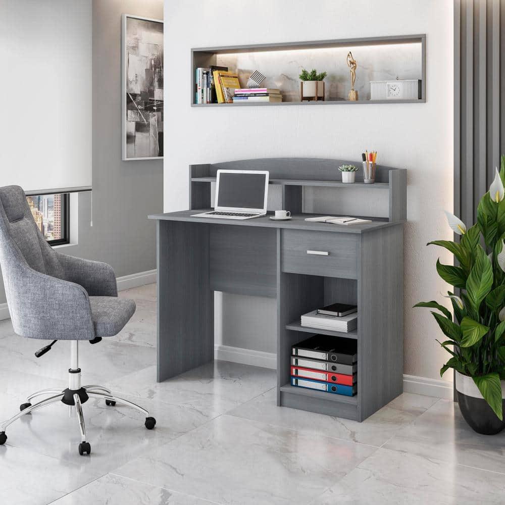 Modern Office Desk with Hutch Gray - Techni Mobili: Laminated Particle Board, Storage Hutch