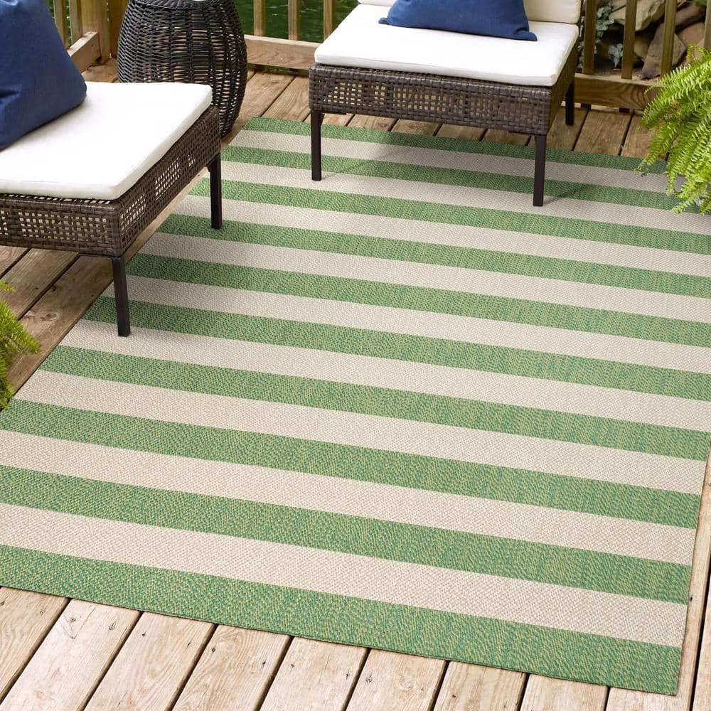 5' x 8' Negril Two-Tone Wide Stripe Indoor/Outdoor Area Rug, Green/Cream - JONATHAN Y