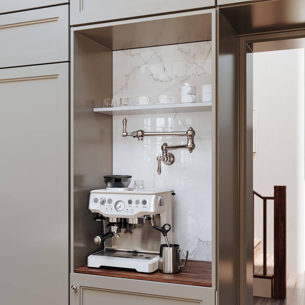 Rohl Italian Kitchen Acqui Three Leg Bridge Faucet With Metal Levers Sidespray And 9" Reach Column Spout In Polished Nickel