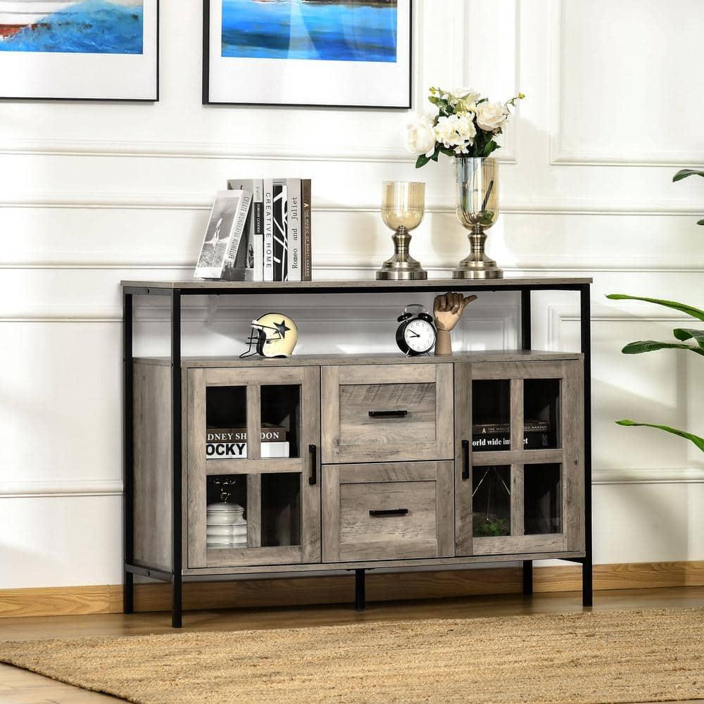 HOMCOM Industrial Sideboard Buffet Cabinet, Kitchen Cabinet, Coffee Bar Cabinet with Adjustable Shelves, Glass Doors, and 2 Drawers for Living Room, Gray