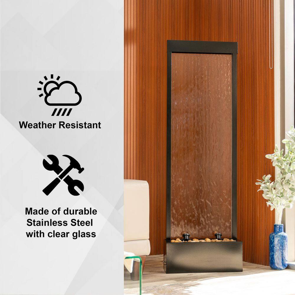 XBrand 68" H Freestanding Modern Indoor/Outdoor Waterfall Fountain w/ Decorative Rocks, LED Lights & Auto-Shut Off Pump, Aluminum/Clear Glass, Black