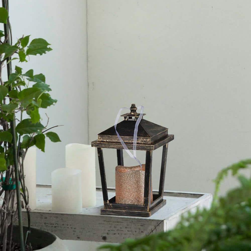 Gzxs Outdoor Lanterns with LED Pillar Candle, 8.9 Inch, 2 Pack, Hanging Decorative Candle Lamp Holder for Porch, Floor or Patio Home Decor (Antique Bronze)