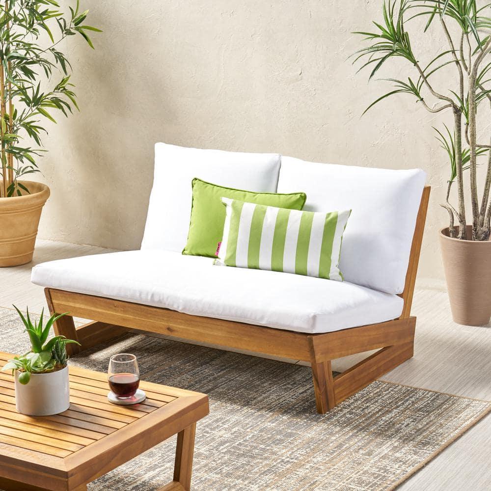 Roy Outdoor Acacia Wood Loveseat with Cushions, Teak and White