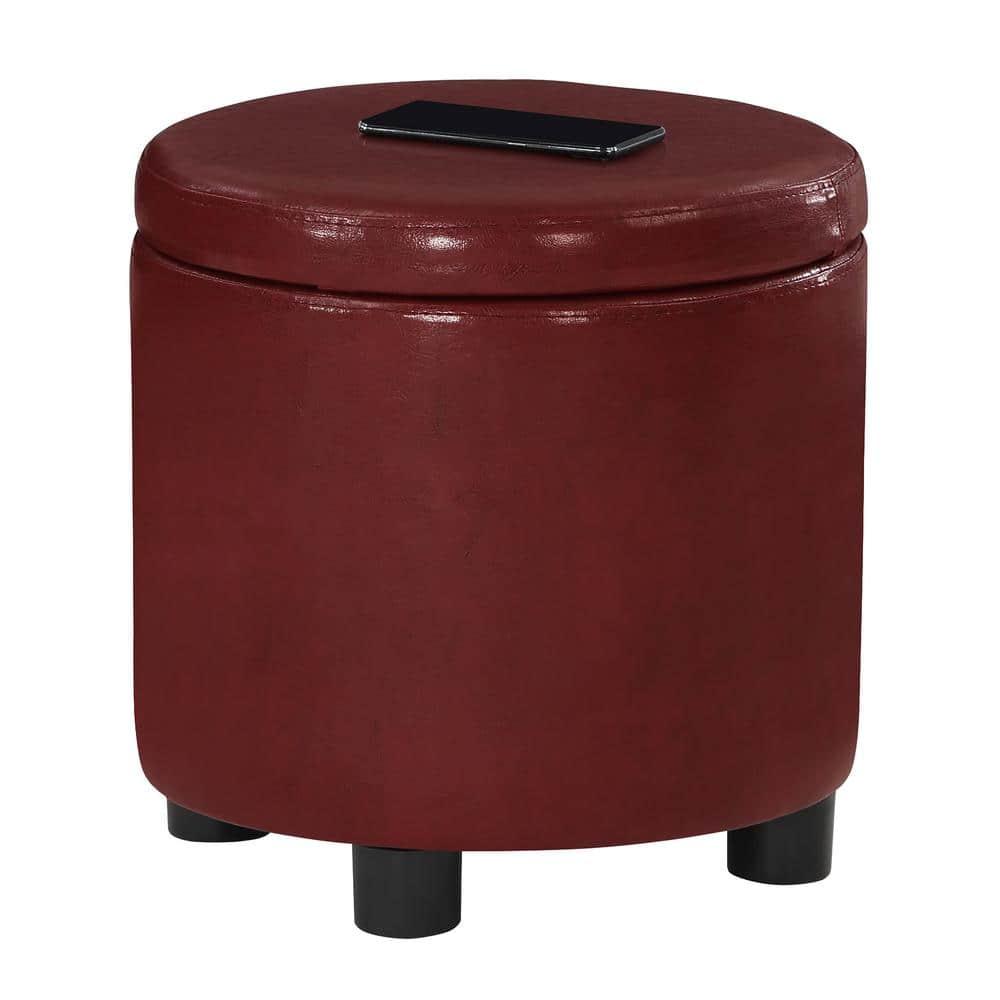 Designs4Comfort Round Accent Storage Ottoman with Reversible Tray Lid, Burgundy Faux Leather