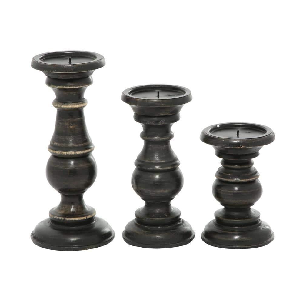 DecMode 3 Candle Black Mango Wood Distressed Turned Pillar Candle Holder, Set of 3