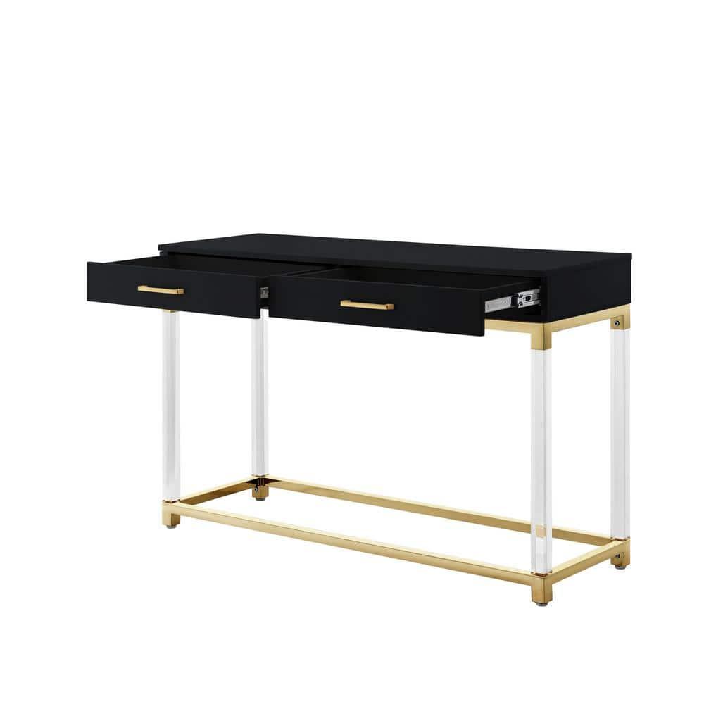 Inspired Home Alena Console Table 2 Drawers High Gloss Acrylic Legs Gold Stainless Steel Base Modern Design, Black/Gold