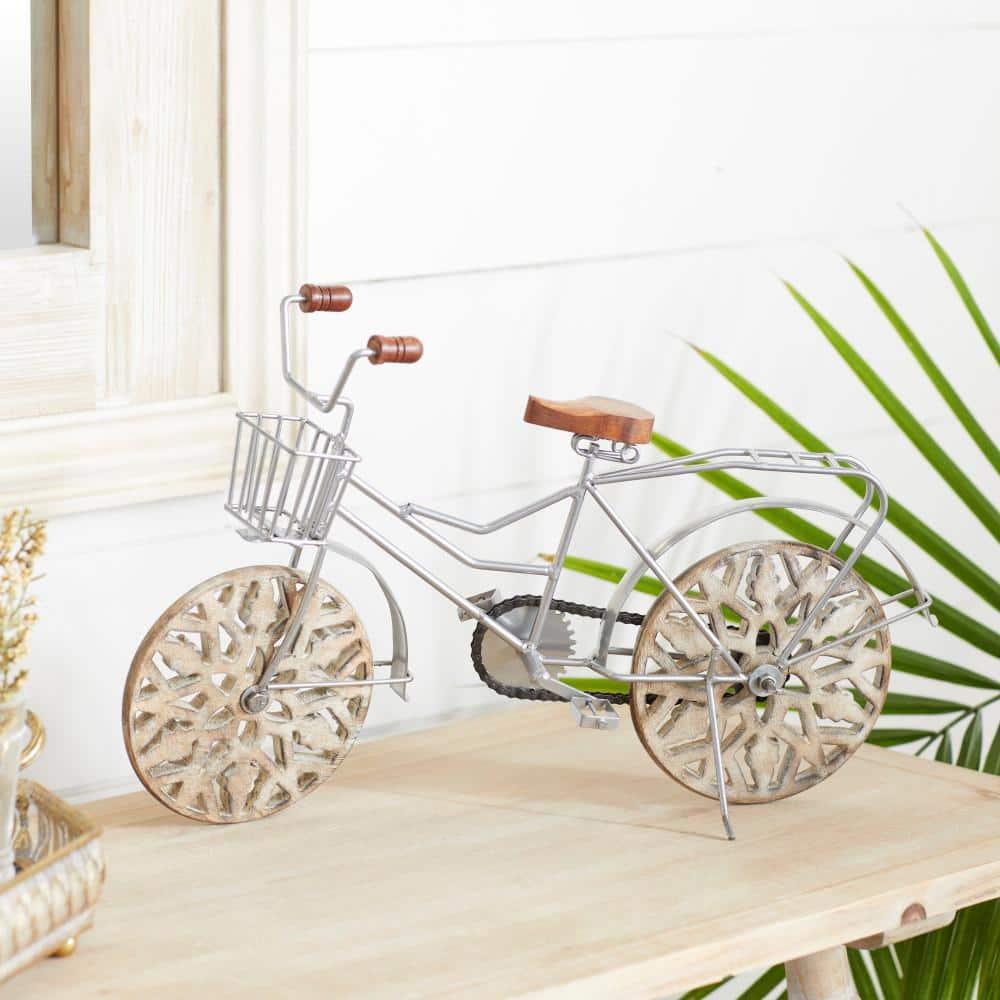 19" x 12" Brown Metal Bike Sculpture with Carved Wood Wheels, by DecMode