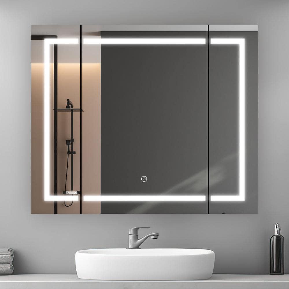 Royale Plus 40 in. W x 30 in. H Clear Recessed/Surface Mount Medicine Cabinet with Mirror, Tri-View Doors, LED, Defogger