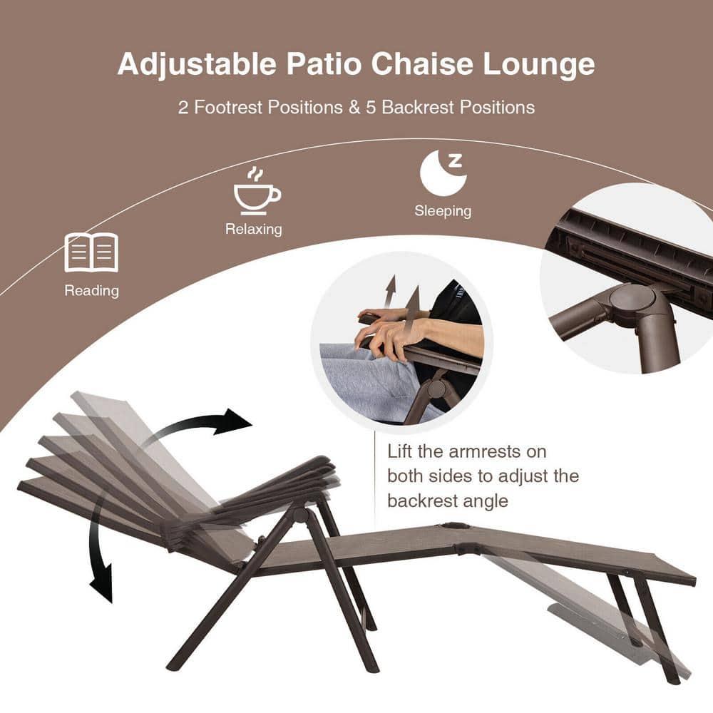 YOJFOTOOUQYUAN. 5 Stages Adjustable Patio Folding Lounge Chair Metal Outdoor Sling Fabric Recliner Chaise for Beach Yard Pool, 2 Pack,Brown