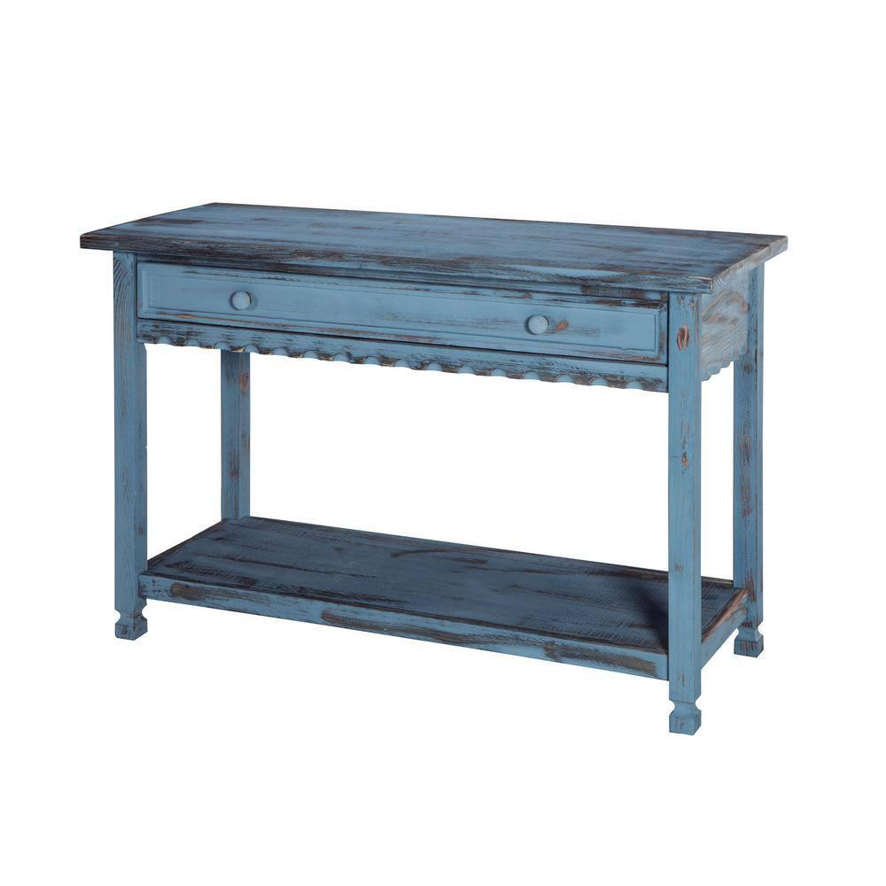 Alaterre Furniture Country Cottage Media/Console Table, Solid Pine Wood Perfect for Living Room, Entryway, Hallway, Blue Antique Finish