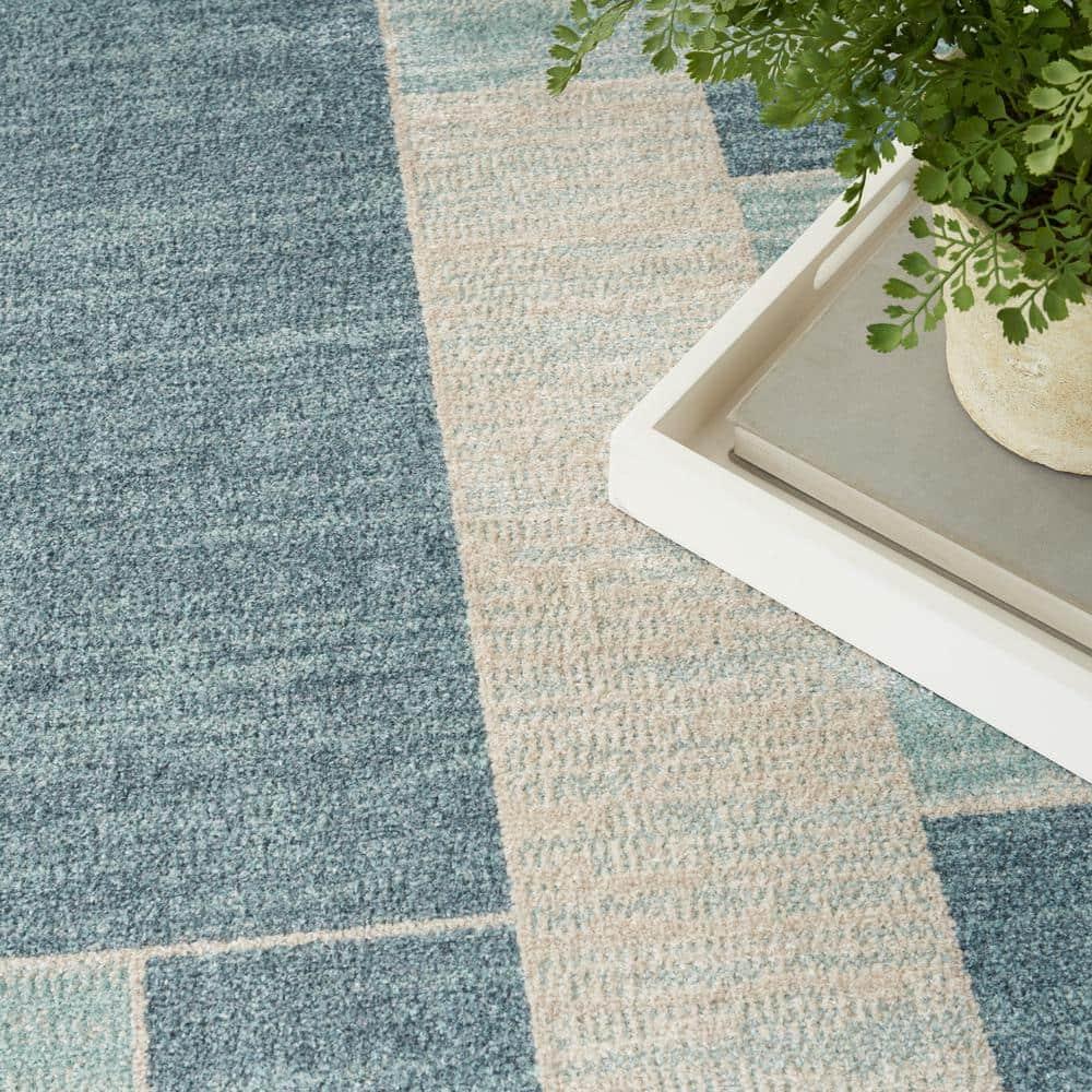 Nourison Astra Machine Washable Contemporary Color Block Indoor Rug Blue Ivory 2'2" x 10'