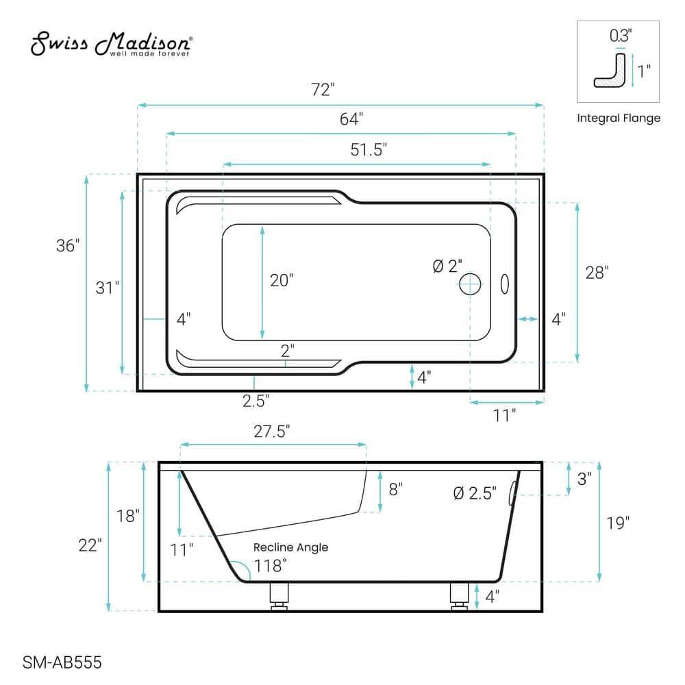 Voltaire 72" x 36" Alcove Bathtub with Apron and Armrest
