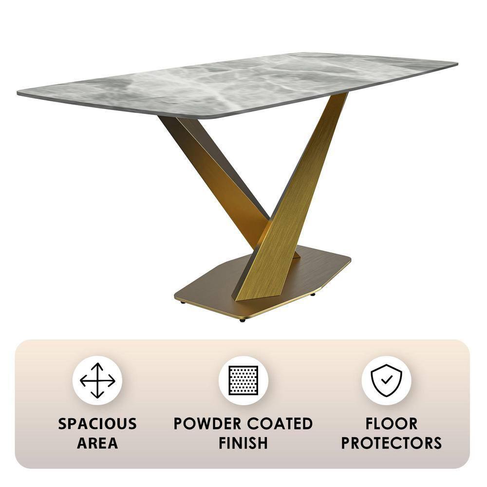 LeisureMod Voren Modern Dining Table with 71" Rectangular Sintered Stone or Glass Wide Tabletop and Steel Legs for Home, Kitchen, Dining or Conference Room in Light Grey