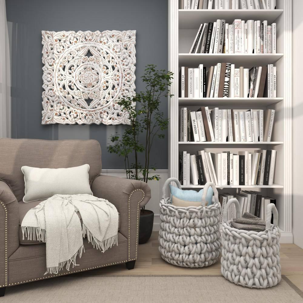 DecMode Traditional Wood Square White Handmade Wall Décor with Carved Mandala Design, 36"W x 36"H