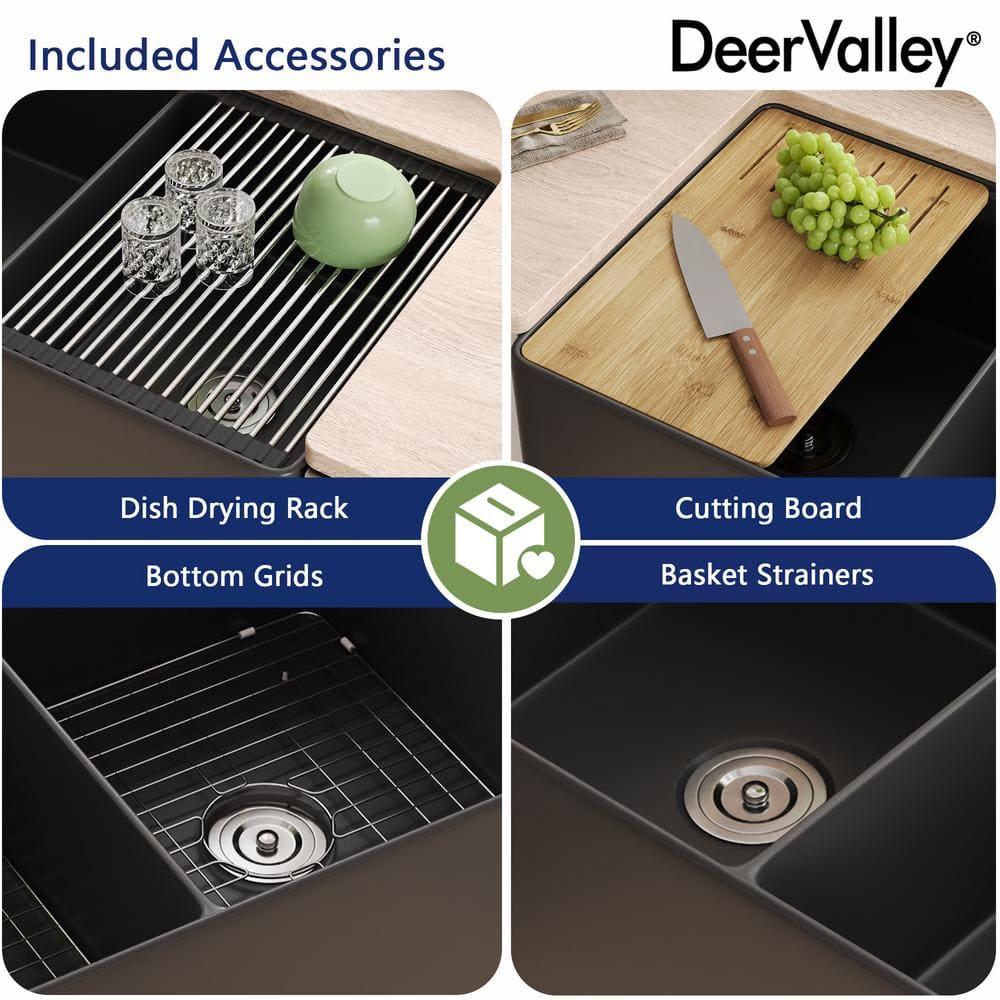 DeerValley 33" L X 20" W Double Basin Workstation Farmhouse Kitchen Sink With Sink Grid, Cutting Board And Dish-Drying Rack