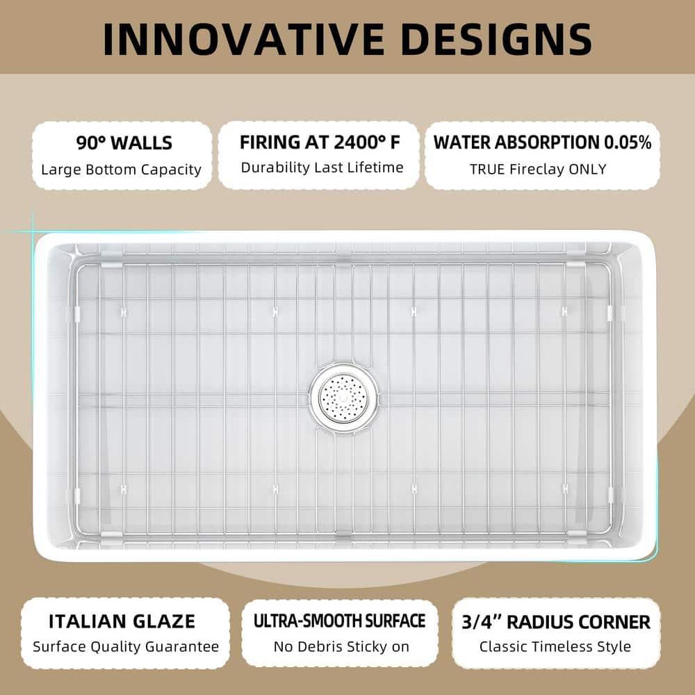 Pure 33 in. Workstation White Kitchen Sink Apron Front Fireclay Farmhouse Sink Single Bowl with Accessory Kit