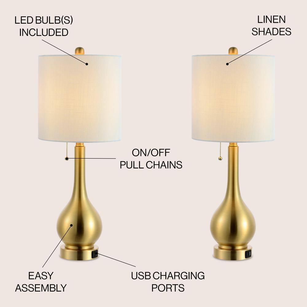 JONATHAN Y JYL1127C-SET2 Tyler 24" Modern Classic Gourd Iron LED Table Lamp with Pull-Chain with Dual USB Charging Port, for living room, dinning room Bulb Included, Brass Gold (Set of 2)
