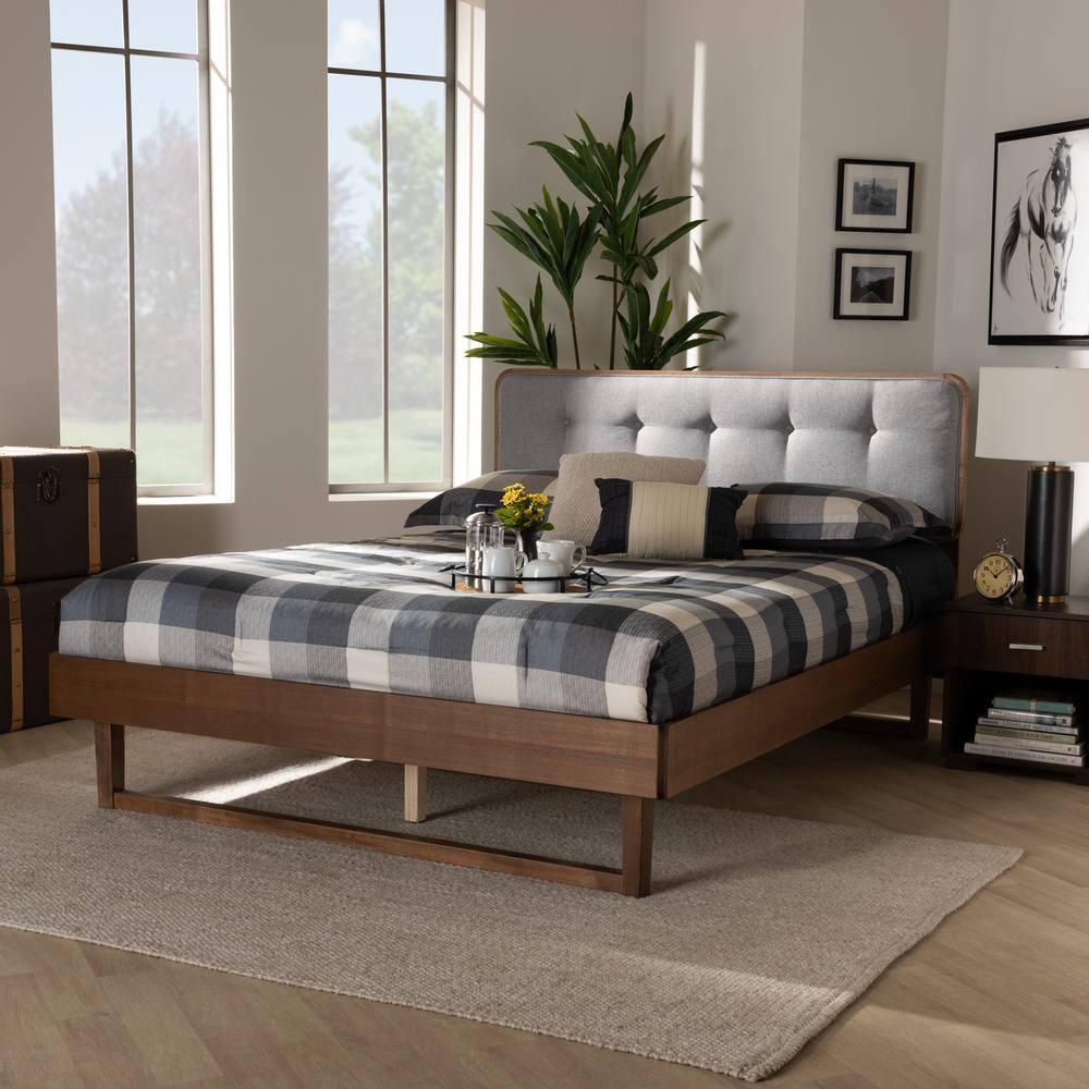 King Natalia Platform Bed Light Gray/Walnut - Baxton Studio